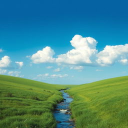 A serene landscape featuring a lush green meadow, a clear blue sky with fluffy white clouds, and a gentle stream flowing through the center