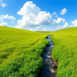 A serene landscape featuring a lush green meadow, a clear blue sky with fluffy white clouds, and a gentle stream flowing through the center