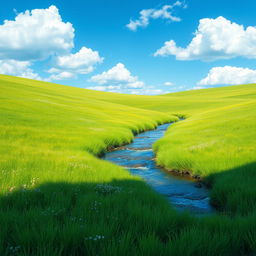 A serene landscape featuring a lush green meadow, a clear blue sky with fluffy white clouds, and a gentle stream flowing through the center