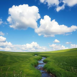 A serene landscape featuring a lush green meadow, a clear blue sky with fluffy white clouds, and a gentle stream flowing through the center