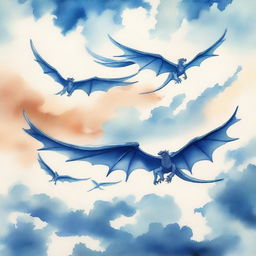 A watercolor painting depicting five wyverns flying in the sky