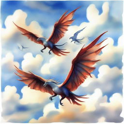 A watercolor painting depicting five wyverns flying in the sky