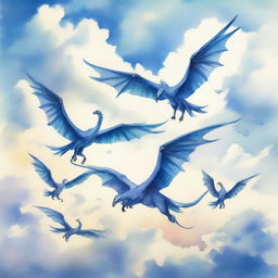 A watercolor painting depicting five wyverns flying in the sky