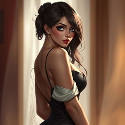 A tasteful and alluring portrait of a character in a seductive pose, with elegant clothing and a captivating expression