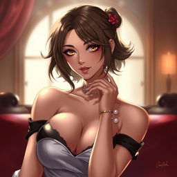 A tasteful and alluring portrait of a character in a seductive pose, with elegant clothing and a captivating expression