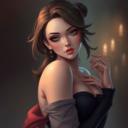 A tasteful and alluring portrait of a character in a seductive pose, with elegant clothing and a captivating expression