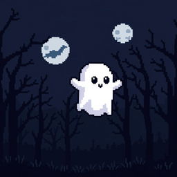 A pixel art ghost with a cute and friendly appearance, floating in the air