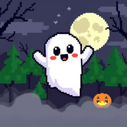 A pixel art ghost with a cute and friendly appearance, floating in the air