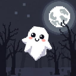 A pixel art ghost with a cute and friendly appearance, floating in the air