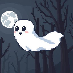 A pixel art ghost with a cute and friendly appearance, floating in the air