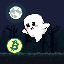 A pixel art ghost with a cute and friendly appearance, floating in the air next to a large, shiny Bitcoin symbol