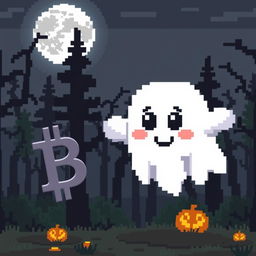 A pixel art ghost with a cute and friendly appearance, floating in the air next to a large, shiny Bitcoin symbol