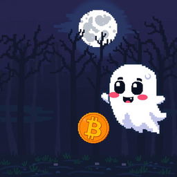 A pixel art ghost with a cute and friendly appearance, floating in the air next to a large, shiny Bitcoin symbol