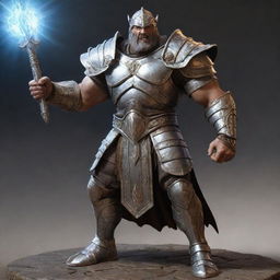 A giant Goliath character armored in shining plate mail, standing with an aura of mystic power, as a magic caster.