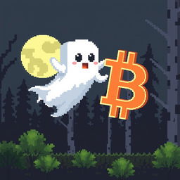 A pixel art ghost with a cute and friendly appearance, floating in the air next to a large, shiny Bitcoin symbol