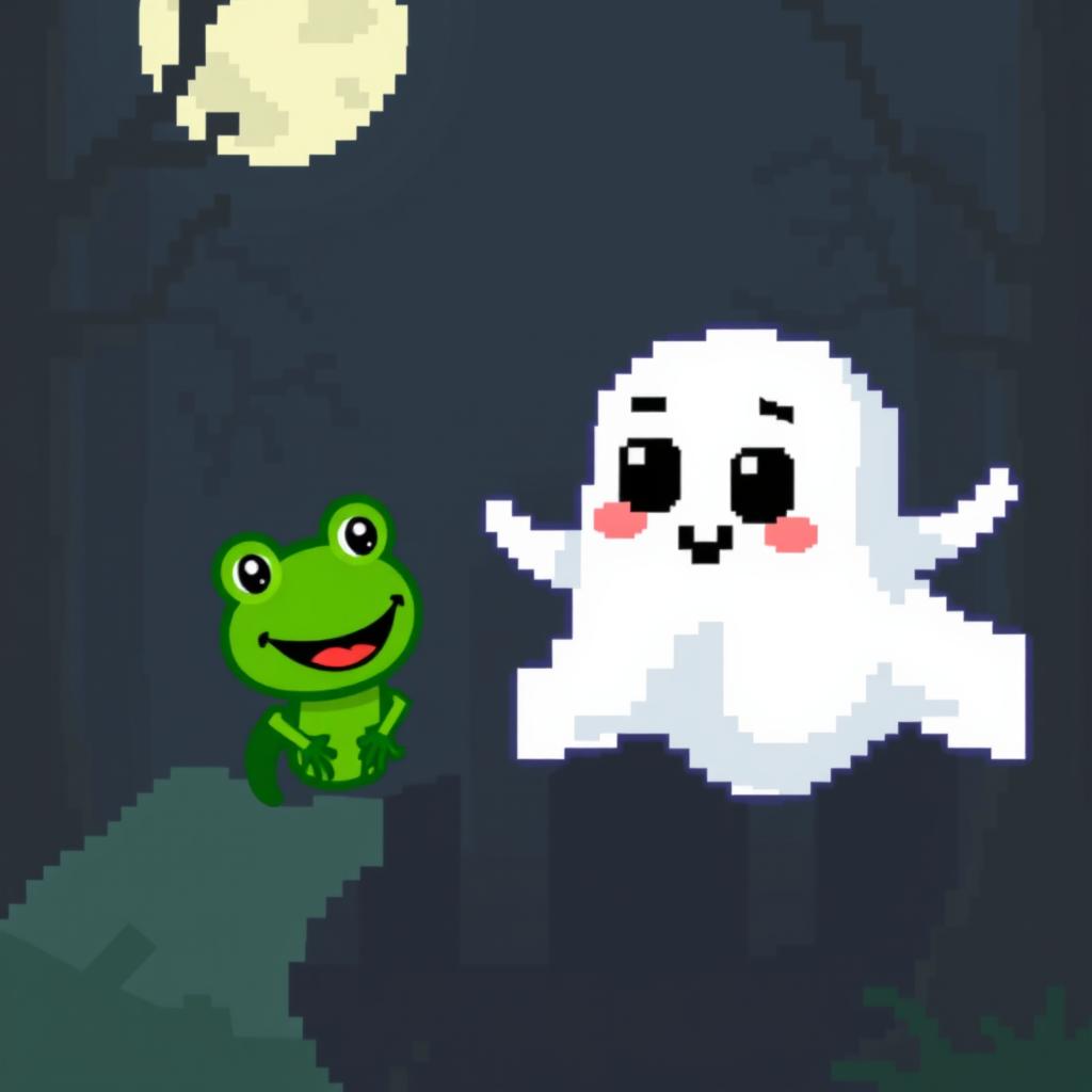 A pixel art ghost with a cute and friendly appearance, floating in the air next to Pepe the Frog