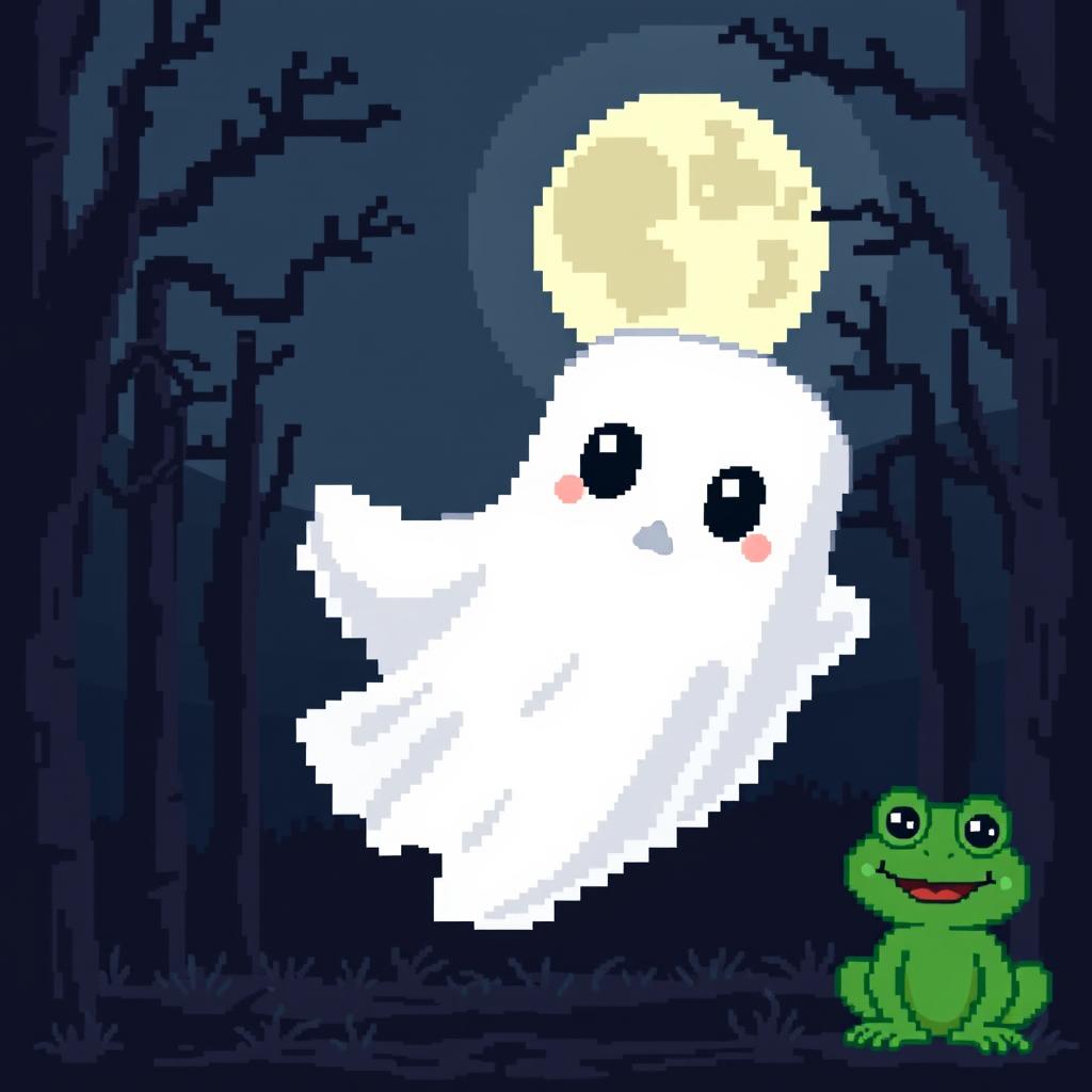 A pixel art ghost with a cute and friendly appearance, floating in the air next to Pepe the Frog