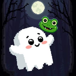 A pixel art ghost with a cute and friendly appearance, floating in the air next to Pepe the Frog