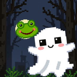 A pixel art ghost with a cute and friendly appearance, floating in the air next to Pepe the Frog