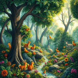 A detailed and colorful scene featuring a lush forest with a variety of animals and plants