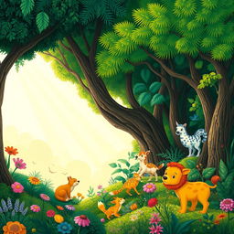 A detailed and colorful scene featuring a lush forest with a variety of animals and plants