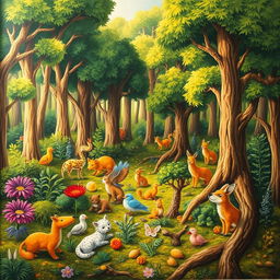 A detailed and colorful scene featuring a lush forest with a variety of animals and plants