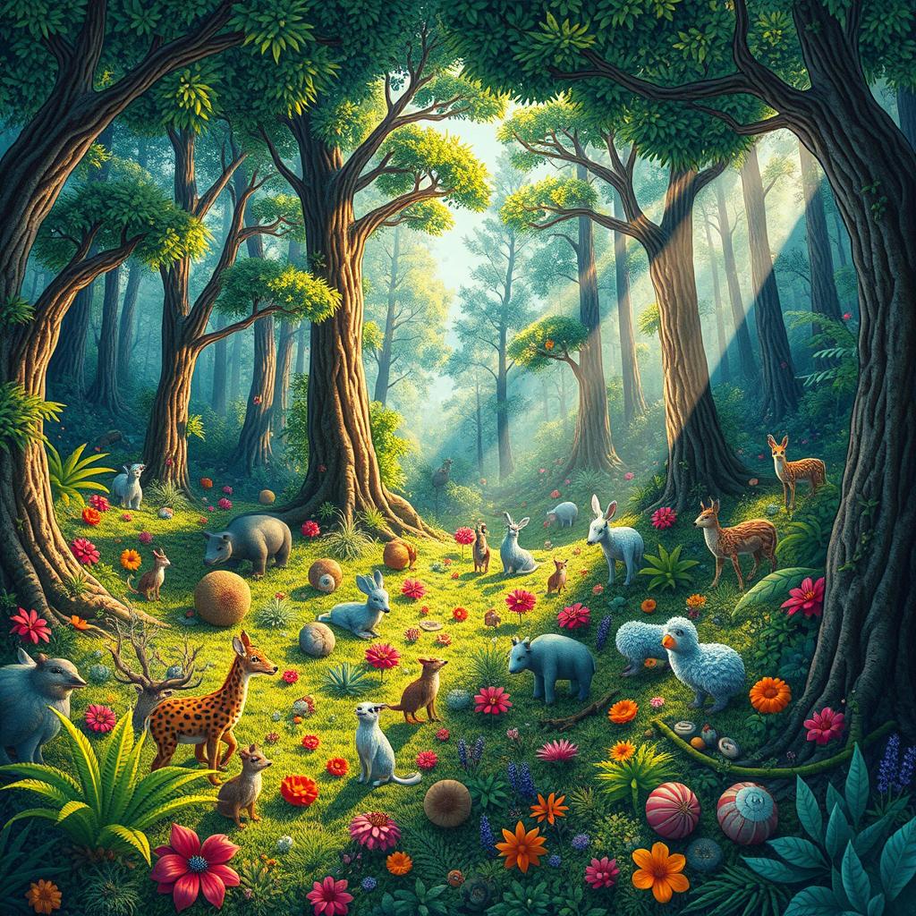 A detailed and colorful scene featuring a lush forest with a variety of animals and plants