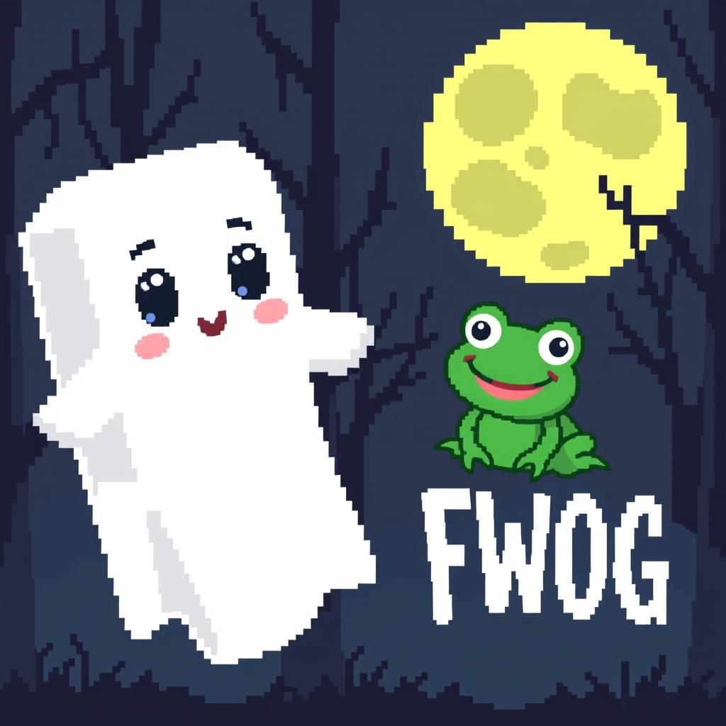 A pixel art ghost with a cute and friendly appearance, floating in the air next to FWOG, a frog-like character