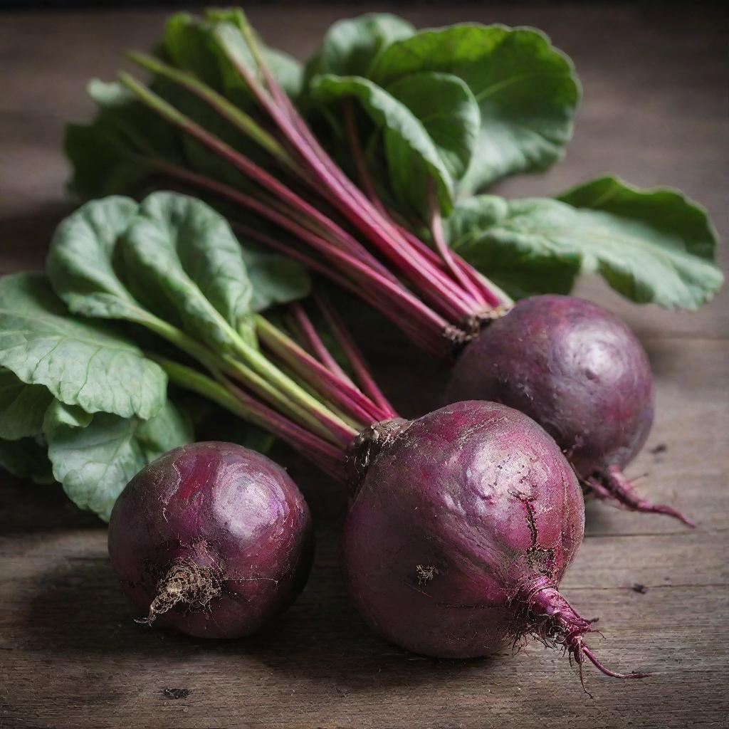 A fresh, raw beetroot, placed on a wooden surface. Its deep purple-red color contrasts with the green of its leafy stalks. The texture of its skin is rough and grained.