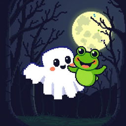 A pixel art ghost with a cute and friendly appearance, floating in the air next to FWOG, a frog-like character