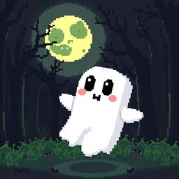 A pixel art ghost with a cute and friendly appearance, floating in the air next to FWOG, a frog-like character