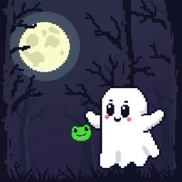 A pixel art ghost with a cute and friendly appearance, floating in the air next to FWOG, a frog-like character