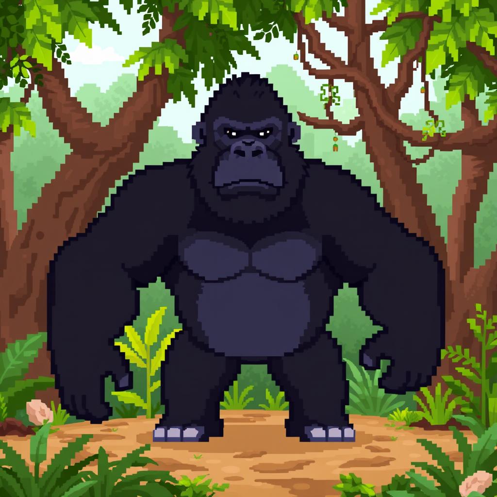 A pixel art gorilla standing in a jungle environment