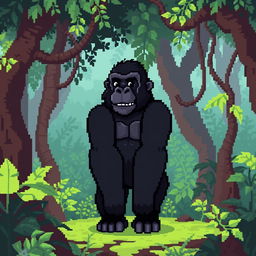 A pixel art gorilla standing in a jungle environment