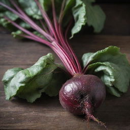 A fresh, raw beetroot, placed on a wooden surface. Its deep purple-red color contrasts with the green of its leafy stalks. The texture of its skin is rough and grained.