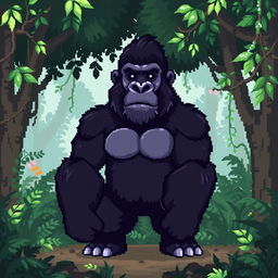 A pixel art gorilla standing in a jungle environment