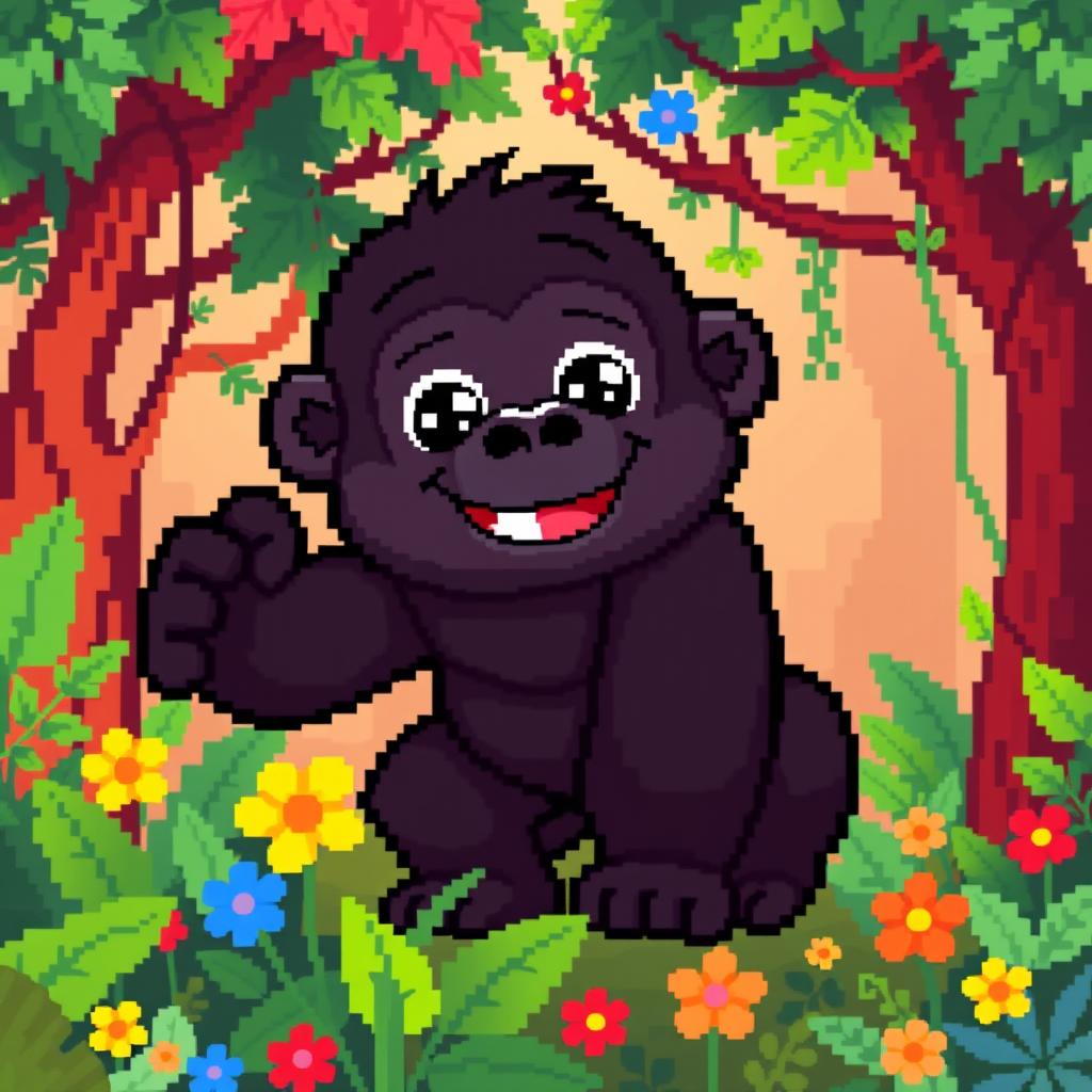 A pixel art image of a cute gorilla with a friendly and playful expression