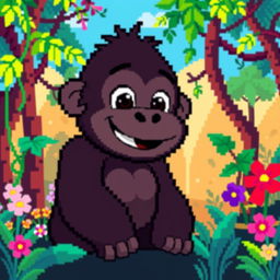 A pixel art image of a cute gorilla with a friendly and playful expression