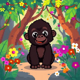 A pixel art image of a cute gorilla with a friendly and playful expression