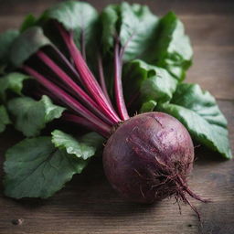 A fresh, raw beetroot, placed on a wooden surface. Its deep purple-red color contrasts with the green of its leafy stalks. The texture of its skin is rough and grained.