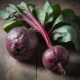 A fresh, raw beetroot, placed on a wooden surface. Its deep purple-red color contrasts with the green of its leafy stalks. The texture of its skin is rough and grained.