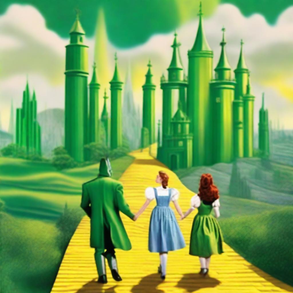 A vibrant scene featuring the Emerald City from the Wizard of Oz