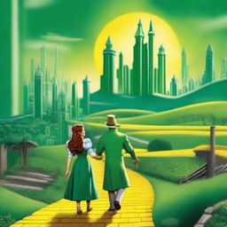 A vibrant scene featuring the Emerald City from the Wizard of Oz