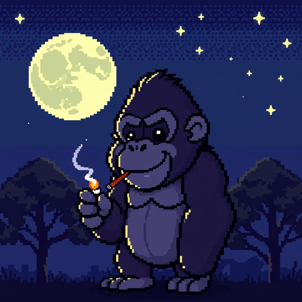 A pixel art of a cute gorilla standing under the night sky with a full moon