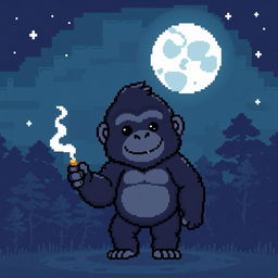 A pixel art of a cute gorilla standing under the night sky with a full moon