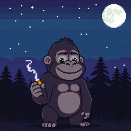 A pixel art of a cute gorilla standing under the night sky with a full moon