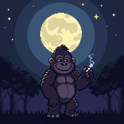 A pixel art of a cute gorilla standing under the night sky with a full moon