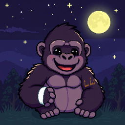 A pixel art image of a cute gorilla with a friendly and playful expression, but with a visible injury, such as a bandage on its arm or a small cut