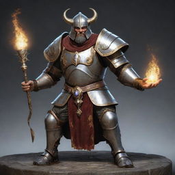 A mighty Goliath, a magic caster, adorned in a gleaming plate armor while casting a spell.