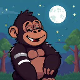 A pixel art image of a cute gorilla with a friendly and playful expression, but with a visible injury, such as a bandage on its arm or a small cut